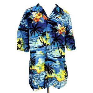 Palmwave Hawaii Tropical Floral Aloha Shirt Sz M Ocean Sunset Palm Trees Surfer